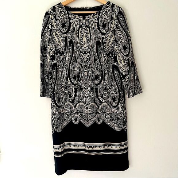 Carlisle Knit Dress Black Cream Paisley Long Sleeve Size 12 Classic Modest Chic - Picture 1 of 9